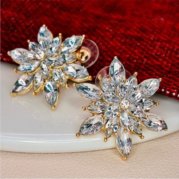 Elegant Gold Floral CZ Stud Statement Earrings - Picture 1 of 7